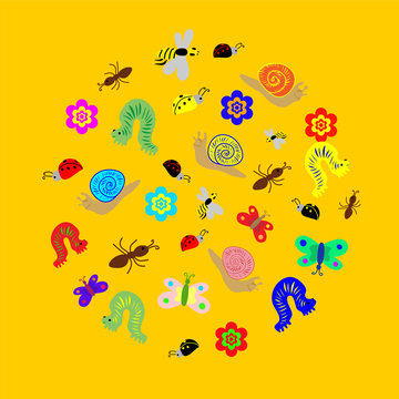 Vector Illustration. Hand Drawn Funny  Doodle Insects arranged in a shape of circle. Colorful and Cute caterpillars, worms, butterflies, bees, ants. Perfect for Child Design.
