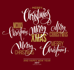 Merry Christmas Lettering Design Set. Vector illustration