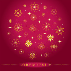 Set of Various Snowflakes Arranged in Circle. Golden Shimmering Stars and Snowflakes on Red Background.  Perfect for Christmas and New Year Design. Vector Illustration.