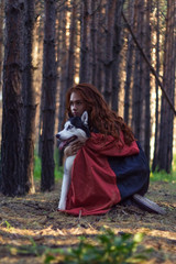 Naklejka premium red, hood, husky, dogsexy, girl, fairy, nature, green, young, people, person, summer, beautiful, attractive, outdoor, tale, forest, wood