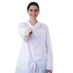 Female doctor assistant scientist in white coat over  isolated background