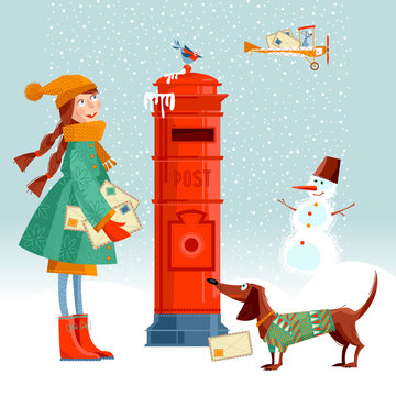 Little girl, and dachshund at the  post box sending  letters to Santa. Vintage Christmas greeting card. 