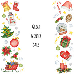 Hand painted watercolor background with elements for Christmas sale.