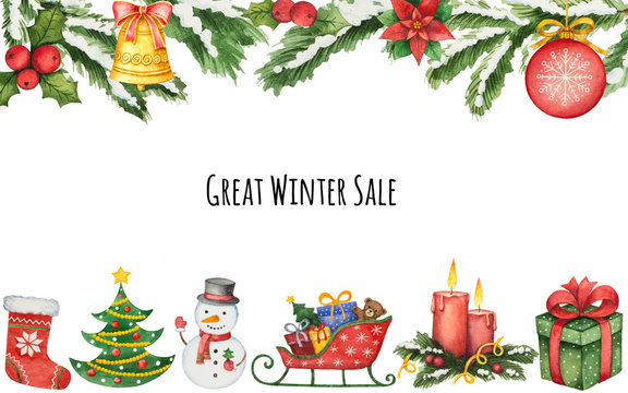 Hand painted watercolor background with elements for Christmas sale.