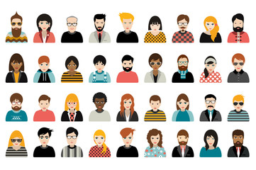 Mega set of persons, avatars, people heads  different nationality in flat style. Vector. - obrazy, fototapety, plakaty