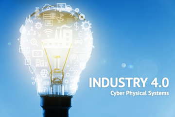 Industrial 4.0 Cyber Physical Systems concept . Light bulb , Gears , Internet of thins network ,smart factory solution, Manufacturing technology, automation robot icon with  blue background