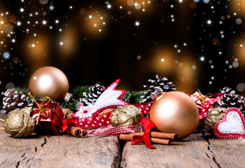 Fototapeta na wymiar Christmas balls on snow with dark night background. Celebration evening, christmas concept