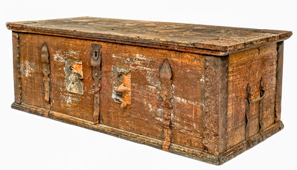 Antique wooden dowry chest with lock Isolated on white