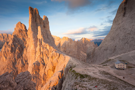 Sunset over the Vajolet towers in Dolomites