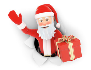 3D Santa Claus leaving a hole in the paper with gift