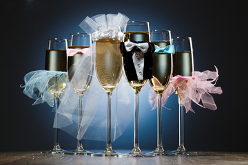 Set of champagne glasses for wedding party