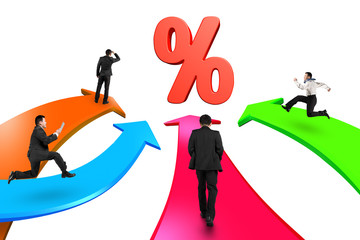 Obraz premium Men on four color arrows go toward percentage sign
