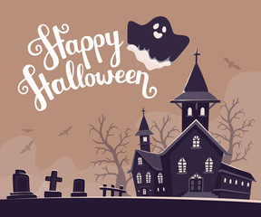 Vector halloween illustration of haunted house, cemetery, bats o