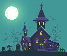 Vector halloween illustration of haunted house, cemetery, bats,
