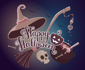 Vector halloween illustration with text happy halloween, pumpkin