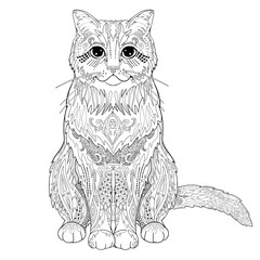 Ethnic decorative doodle cat. Coloring book page for adults. Vector illustration.