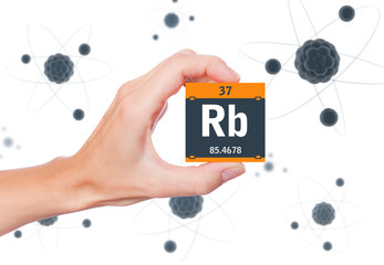 Rubidium element symbol handheld and atoms floating in background