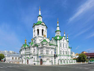 Fototapeta na wymiar Spasskaya Church (Church of the Savior) in Tyumen, Russia. Built in 1796-1819 in Siberian Baroque and reconstructed in 1910s in neorussian style, it is one of the most expressive churches in Siberia.