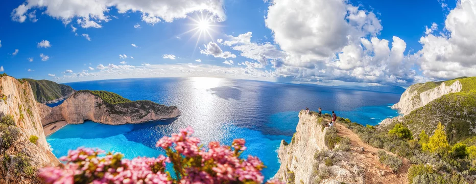 Navagio beach with shipwreck and flowers on Zakynthos island in Greece