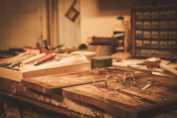 Close-up of the restorer worktable in his workshop