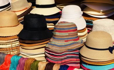 Women's summer hats and scarves at the street market