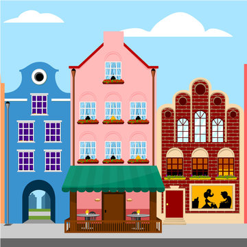 Colorful houses. Europe city street. Vector illustration.