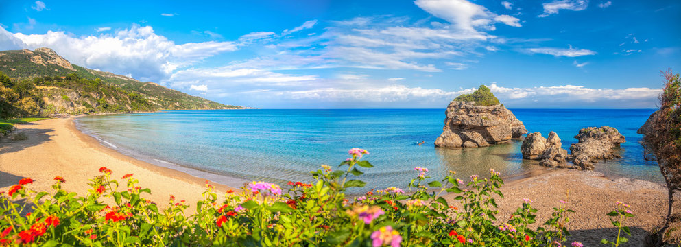 Fototapeta Panorama of Porto Zorro beach against colorful flowers on Zakynthos island, Greece