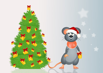 mouse decorates the Christmas tree with cheese
