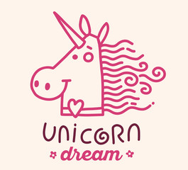 Vector illustration of wonderful pink head of unicorn with horn,