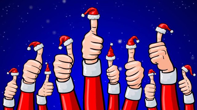 Video: Viele Weihnachtsmann-H&auml;nde mit Daumen hoch und Weihnachtsm&uuml;tzen vor verschneitem Sternenhimmel