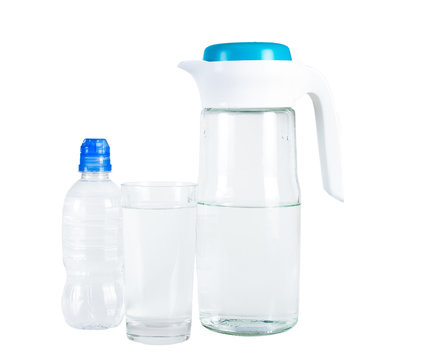 Jug of water and blue cap. The glass of water. A bottle with a blue cap sports. On white, isolated background.