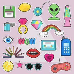 Set of fashion,pop art chic patches, badges,pins, stickers with elements 80s-90s comic style.