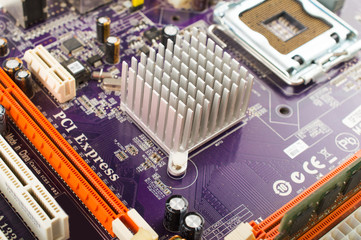 Violet motherboard. Macro. Close up.