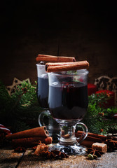 Mulled wine in large glasses for hot drinks in Christmas decorat