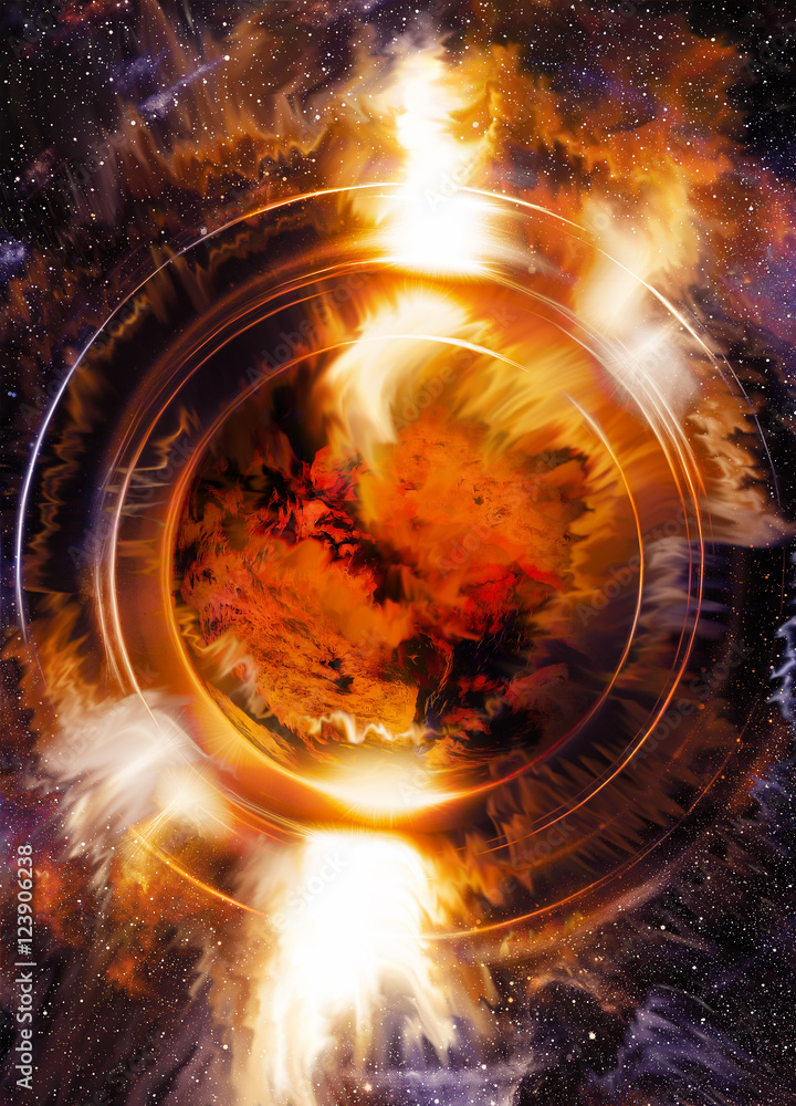 Poster cosmic space and color circle effect with planet, color background.