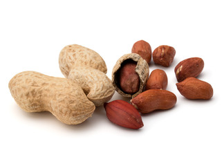 Opened and whole peanut or groundnut pod isolated on white backg