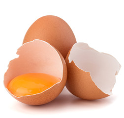 Broken egg in eggshell half and raw egg isolated on white backgr