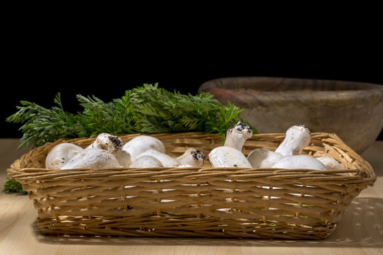 Wicker basket with raw white mushrooms. Organic food