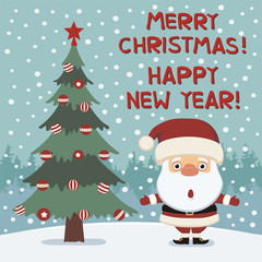 Merry Christmas and Happy New year! Santa Claus without gifts near Christmas tree. Card in cartoon style.