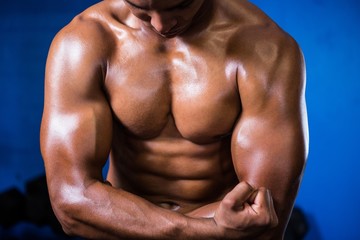 Fototapeta na wymiar Muscular shirtless man in gym