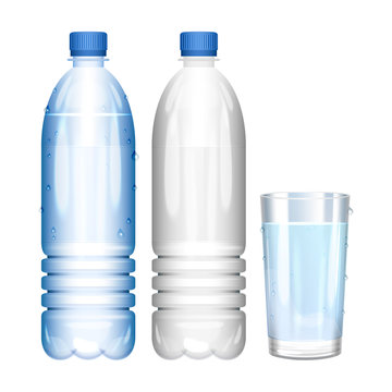 Water in bottle. Glass of pure water. Empty bottle. Vector