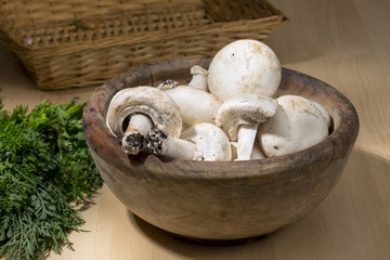Wooden bowl full of raw white mushrooms. Organic food