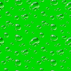 Seamless pattern. Dew drops on green background. Vector illustration.