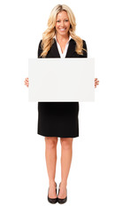 Pretty full-length Hispanic Latin businesswoman saleswoman real estate agent with blank sign card poster board isolated on white background