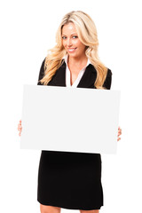 Pretty blond Hispanic Latin businesswoman with blank sign card poster board isolated on white...