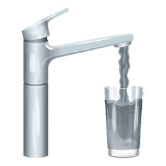 Tap with dirty water, muddy water in glass, pollution concept. 