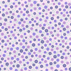 Seamless pattern with small gentle daisy flowers in pink, blue, light violet color on white background. Can be used for wallpaper, fabric, wrapping paper.