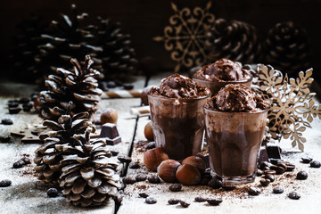 Chocolate and coffee festive dessert with nuts, Christmas or New