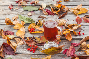 Autumn mulled wine and  fall leaves