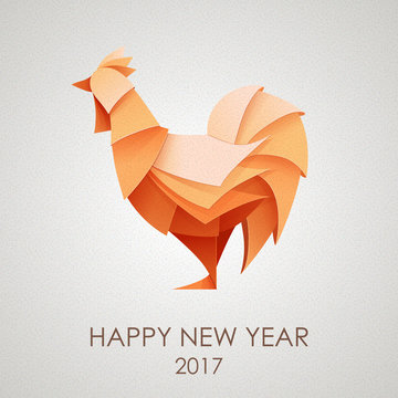 3D Origami Silhouette of cock or chicken. Happy New Year card 2017